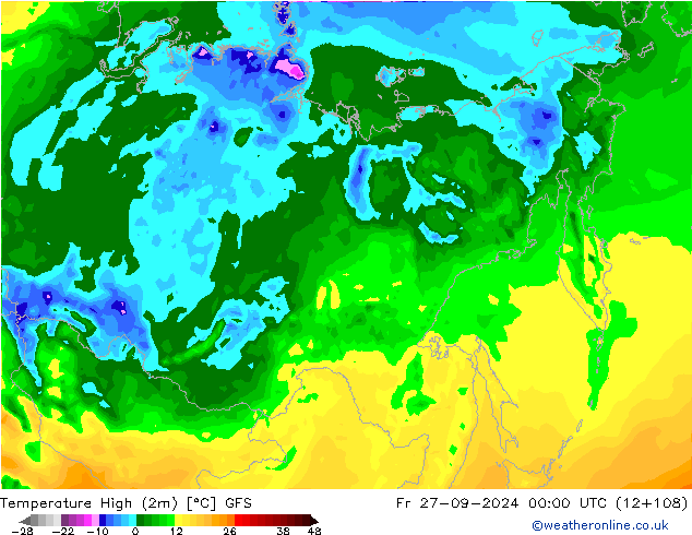 Max. Temperatura (2m) GFS pt. 27.09.2024 00 UTC