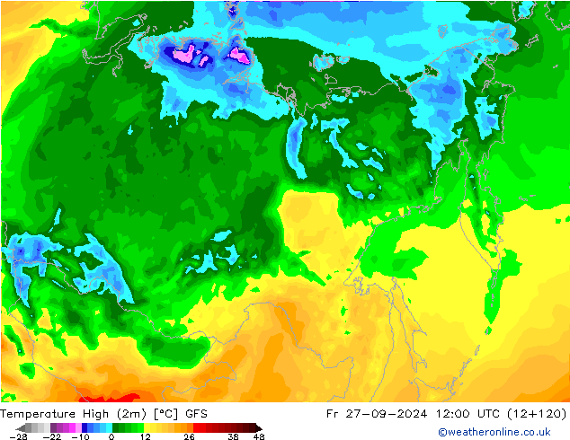 Max.temperatuur (2m) GFS vr 27.09.2024 12 UTC