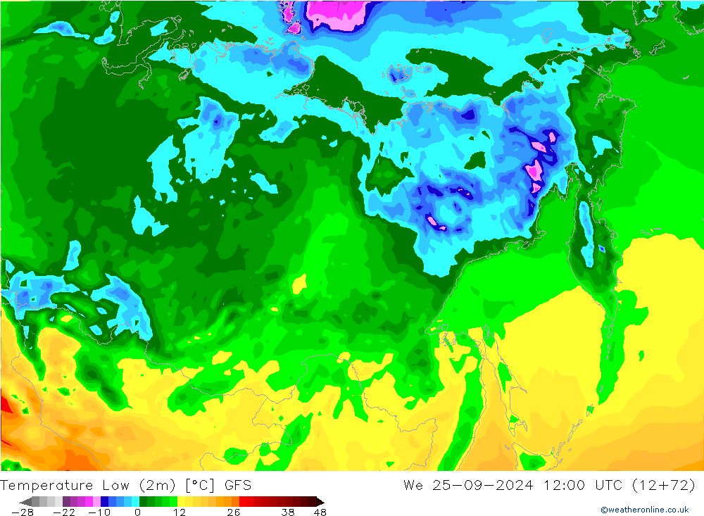 Min.temperatuur (2m) GFS wo 25.09.2024 12 UTC