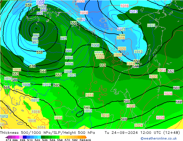 Thck 500-1000hPa GFS Tu 24.09.2024 12 UTC