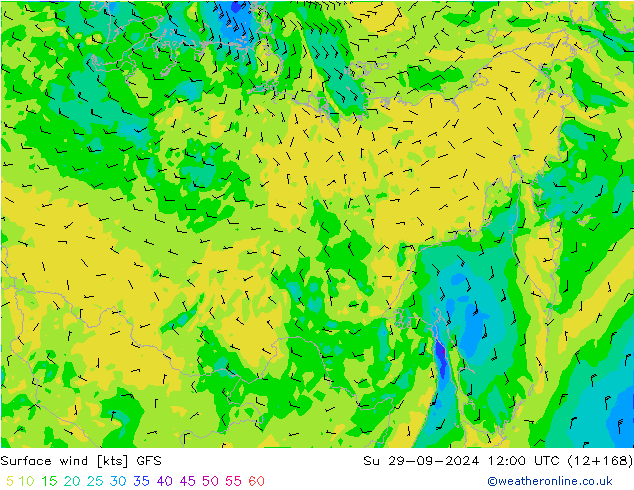 wiatr 10 m GFS nie. 29.09.2024 12 UTC