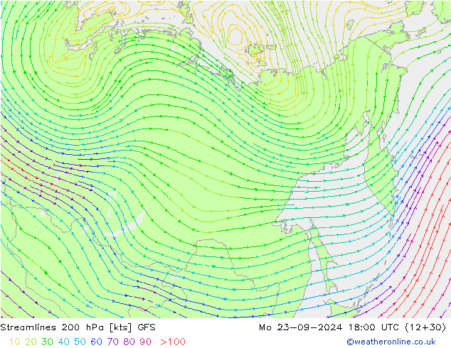 Ligne de courant 200 hPa GFS lun 23.09.2024 18 UTC