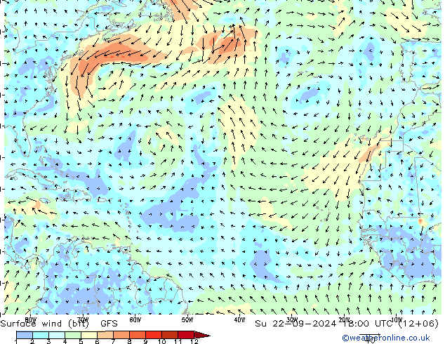 Surface wind (bft) GFS Ne 22.09.2024 18 UTC