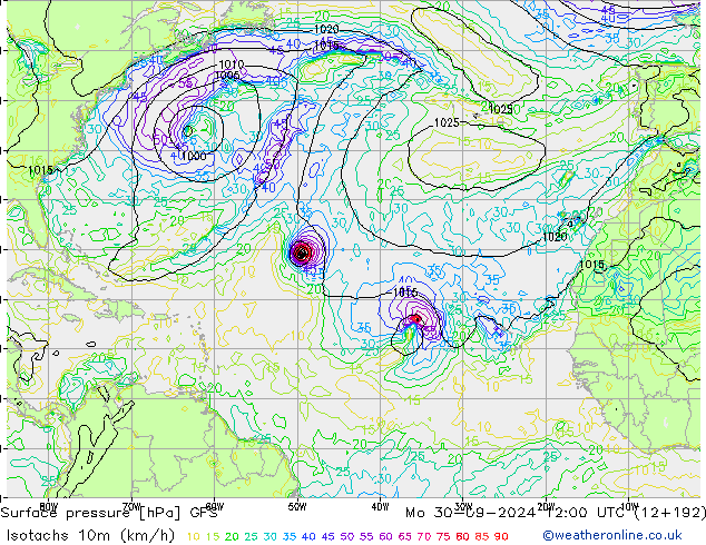 Isotachs (kph) GFS Mo 30.09.2024 12 UTC