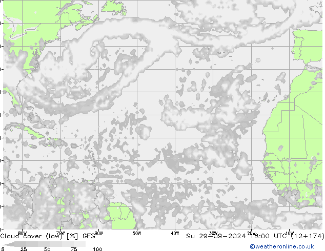 Cloud cover (low) GFS Su 29.09.2024 18 UTC