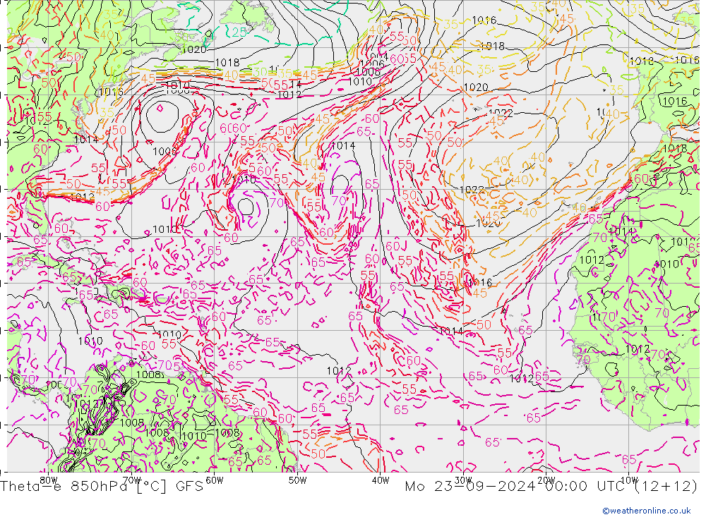 Theta-e 850hPa GFS ma 23.09.2024 00 UTC