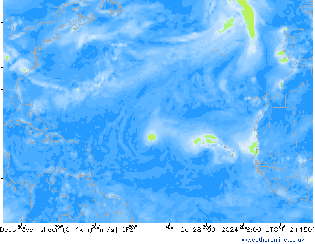 Deep layer shear (0-1km) GFS Sa 28.09.2024 18 UTC