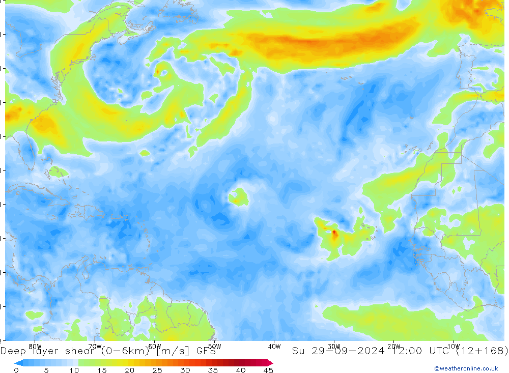 Deep layer shear (0-6km) GFS nie. 29.09.2024 12 UTC