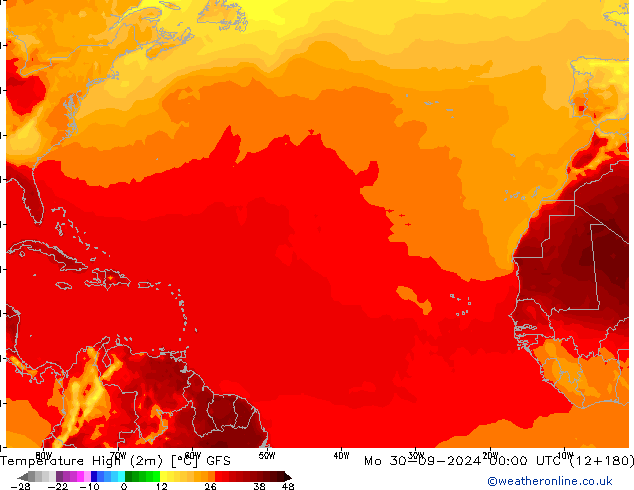 Nejvyšší teplota (2m) GFS Po 30.09.2024 00 UTC