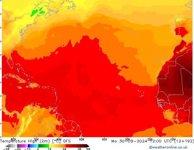 Nejvyšší teplota (2m) GFS Po 30.09.2024 12 UTC