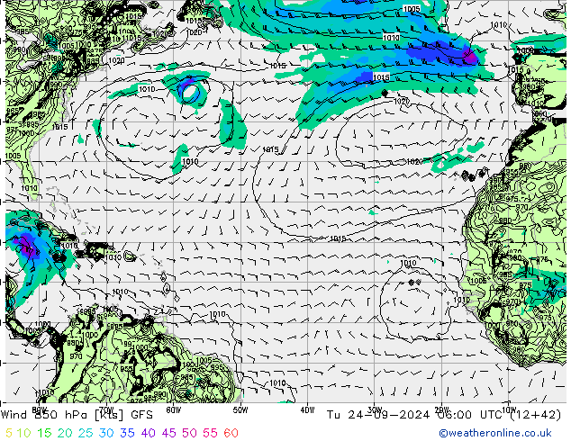 Wind 850 hPa GFS Tu 24.09.2024 06 UTC