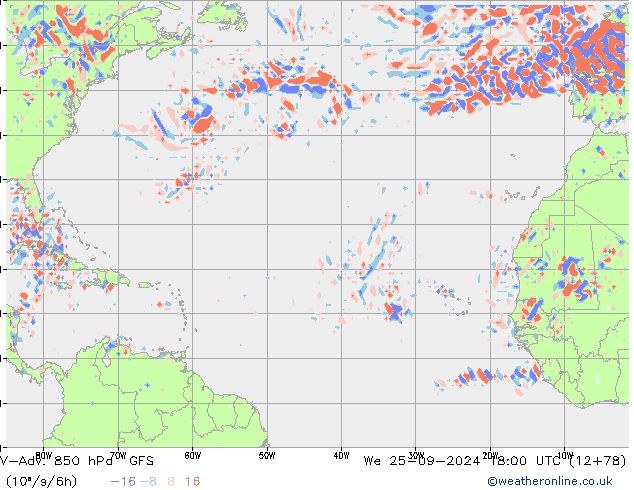 V-Adv. 850 hPa GFS śro. 25.09.2024 18 UTC