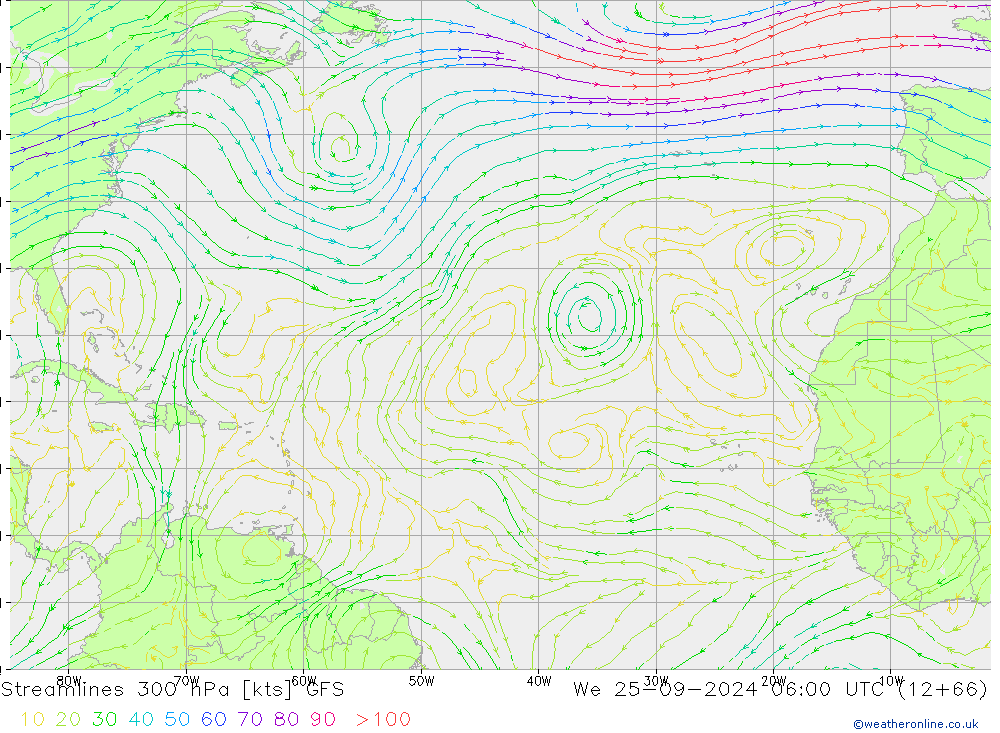 Stromlinien 300 hPa GFS Mi 25.09.2024 06 UTC