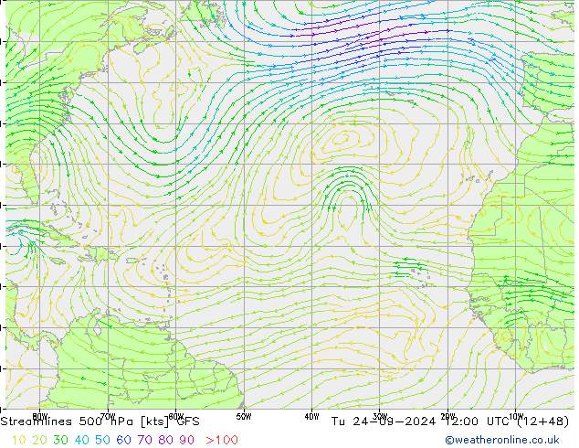 Linia prądu 500 hPa GFS wto. 24.09.2024 12 UTC