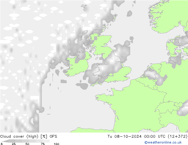 Cloud cover (high) GFS Tu 08.10.2024 00 UTC