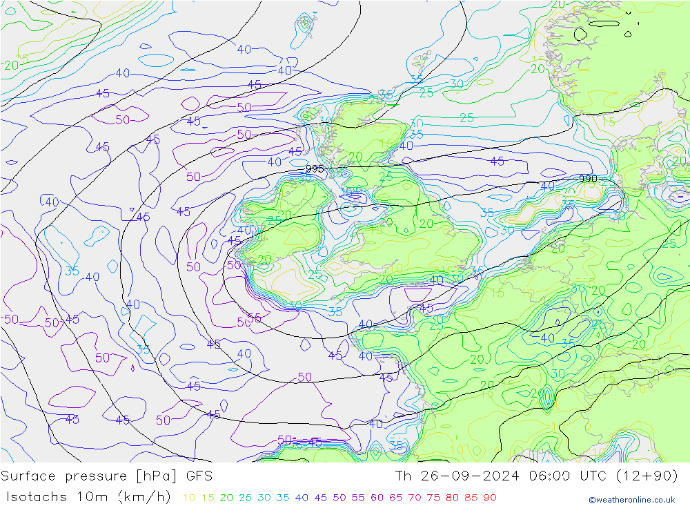 Isotaca (kph) GFS jue 26.09.2024 06 UTC