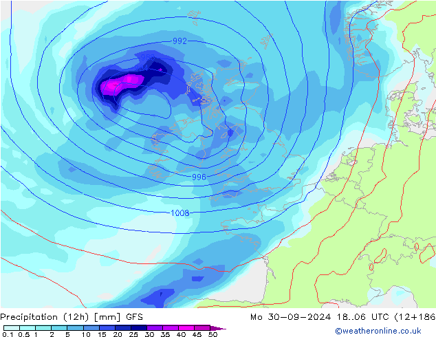 Precipitation (12h) GFS Mo 30.09.2024 06 UTC