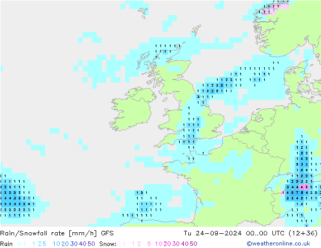 Rain/Snowfall rate GFS wto. 24.09.2024 00 UTC