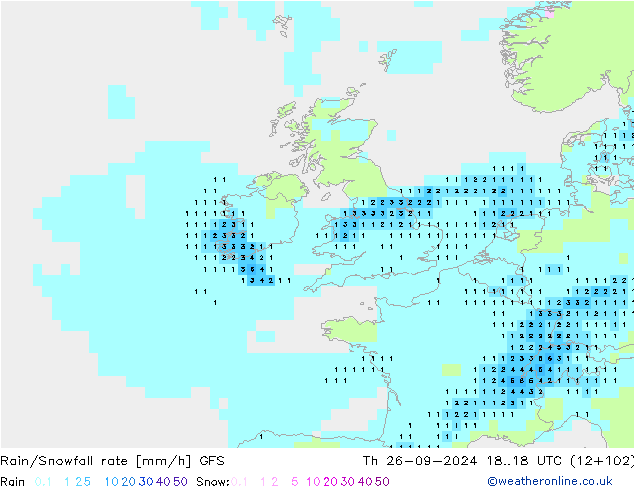 Rain/Snowfall rate GFS Th 26.09.2024 18 UTC