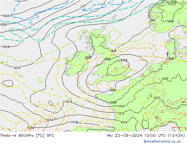 Theta-e 850hPa GFS Po 23.09.2024 12 UTC