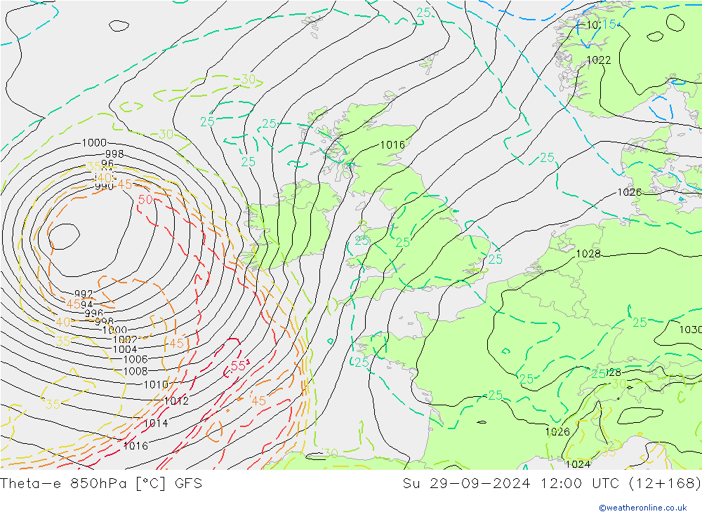 Theta-e 850hPa GFS dim 29.09.2024 12 UTC