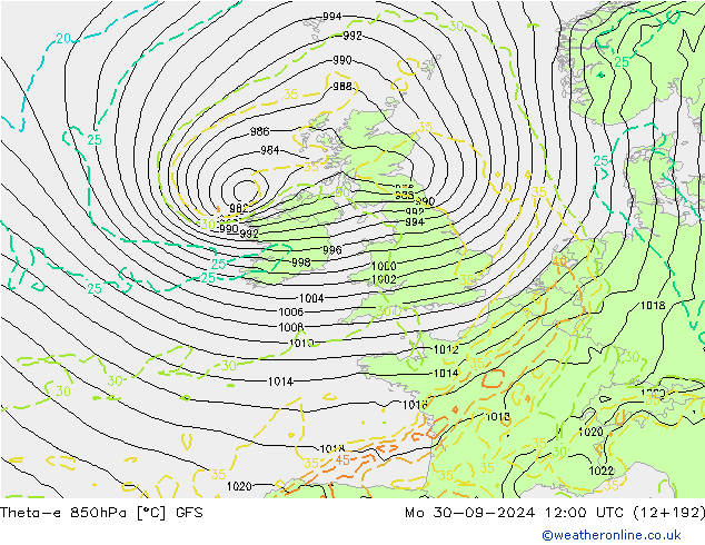 Theta-e 850hPa GFS Mo 30.09.2024 12 UTC