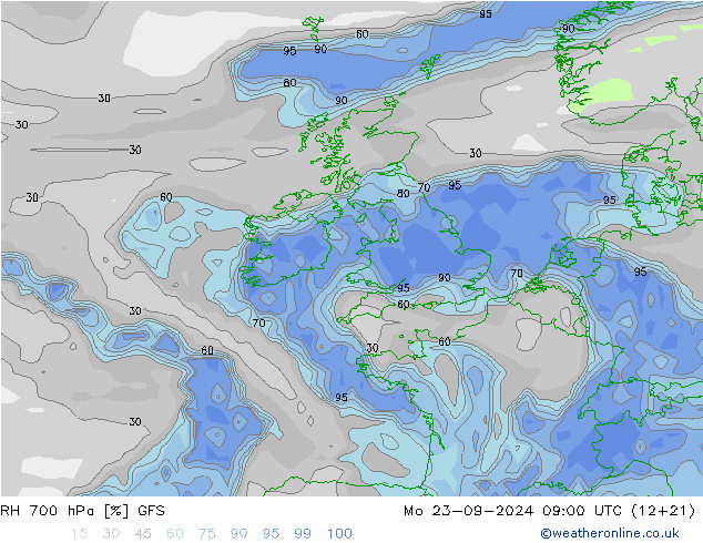 RH 700 гПа GFS пн 23.09.2024 09 UTC