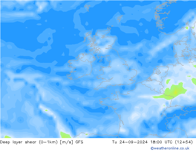 Deep layer shear (0-1km) GFS Tu 24.09.2024 18 UTC