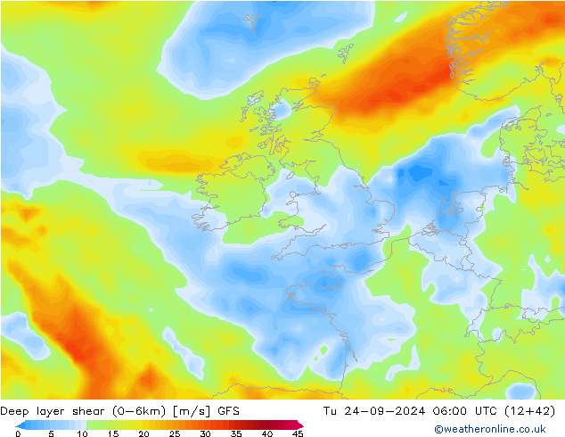 Deep layer shear (0-6km) GFS Di 24.09.2024 06 UTC