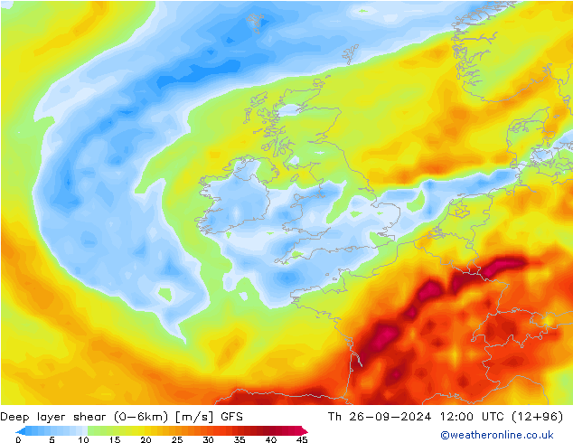 Deep layer shear (0-6km) GFS Qui 26.09.2024 12 UTC