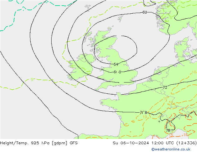 Height/Temp. 925 hPa GFS So 06.10.2024 12 UTC