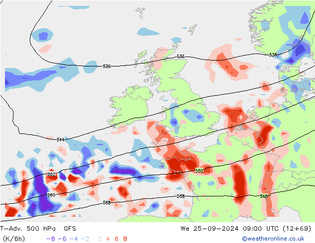 T-Adv. 500 hPa GFS St 25.09.2024 09 UTC