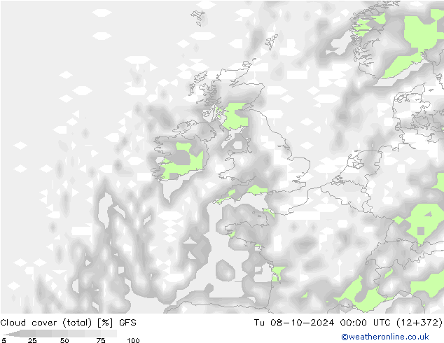 Cloud cover (total) GFS Tu 08.10.2024 00 UTC