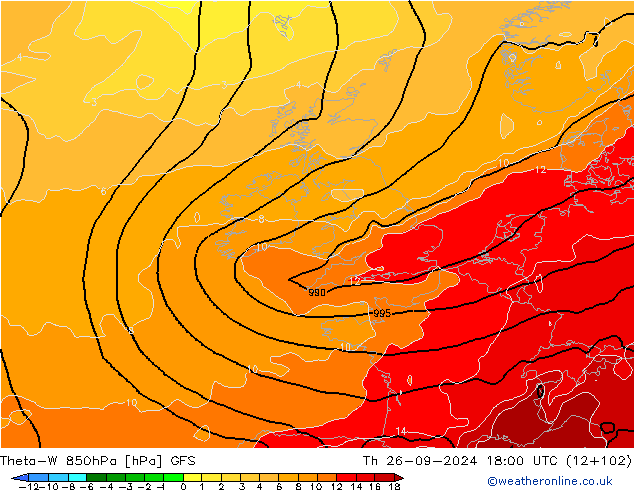 Theta-W 850hPa GFS do 26.09.2024 18 UTC