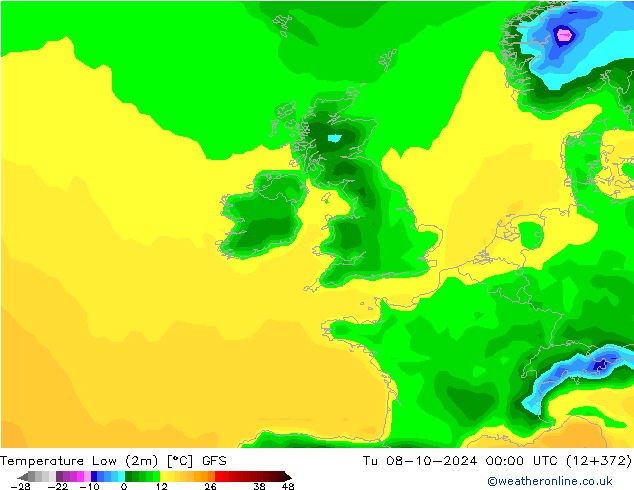 Temperature Low (2m) GFS Tu 08.10.2024 00 UTC