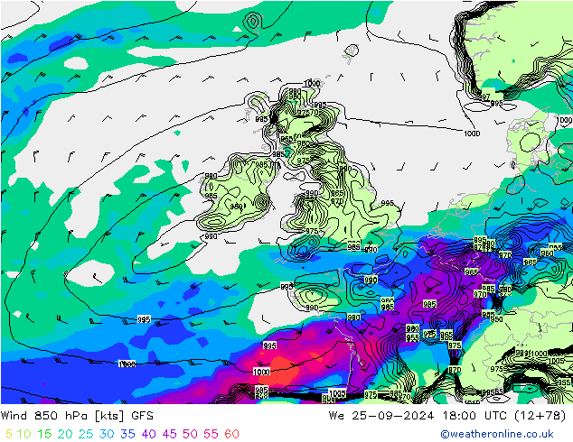 Vento 850 hPa GFS Qua 25.09.2024 18 UTC