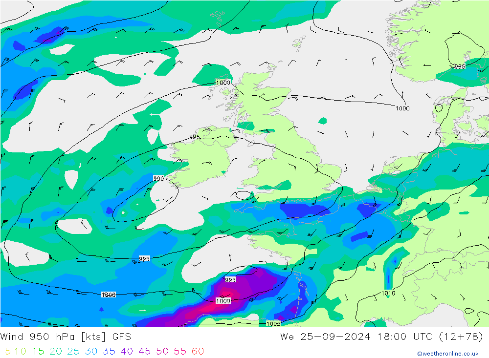 Vento 950 hPa GFS mer 25.09.2024 18 UTC