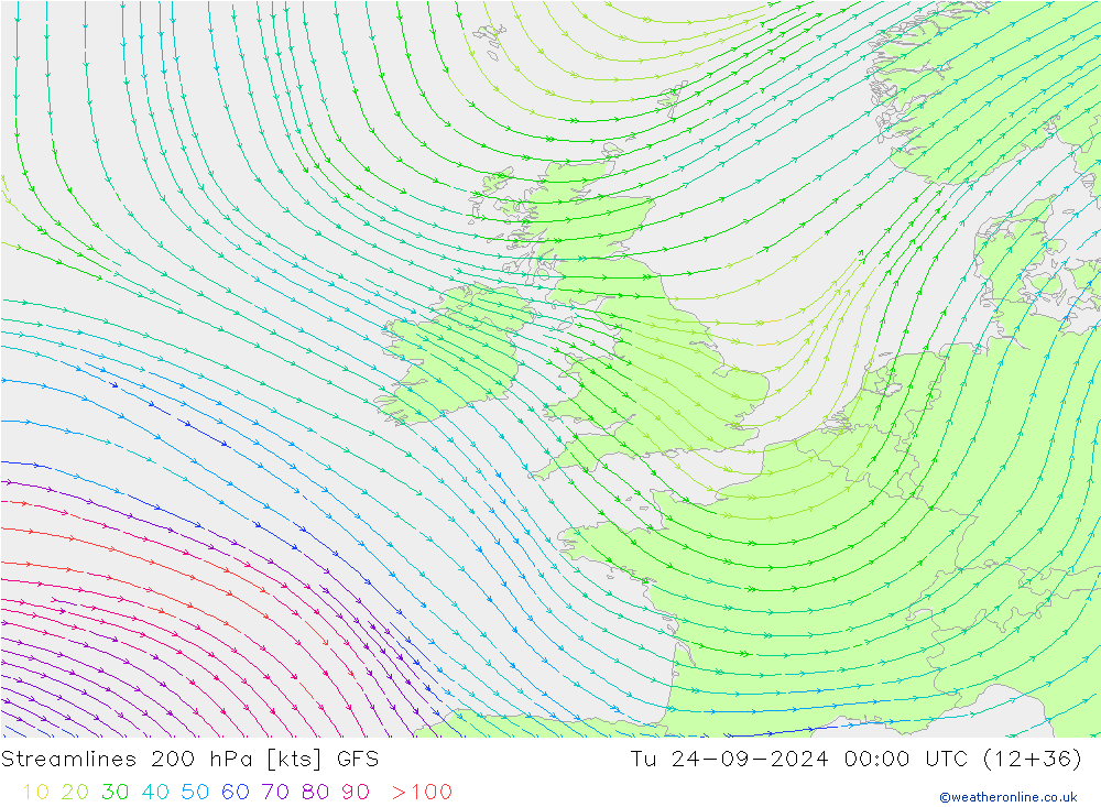 Stromlinien 200 hPa GFS Di 24.09.2024 00 UTC