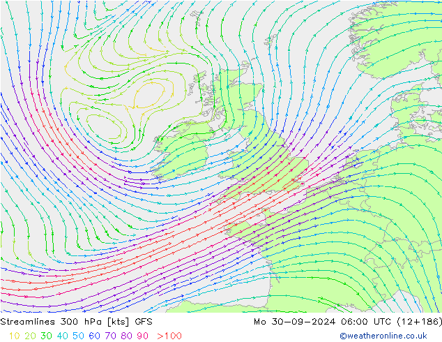 Streamlines 300 hPa GFS Po 30.09.2024 06 UTC