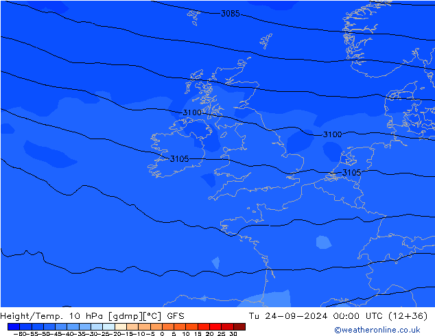 Geop./Temp. 10 hPa GFS mar 24.09.2024 00 UTC