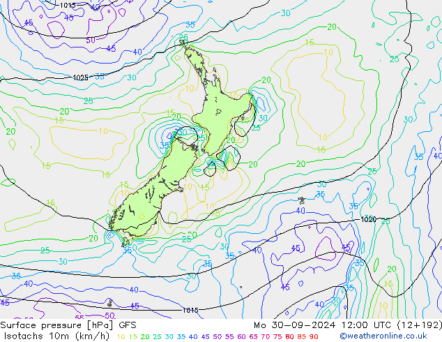 Isotaca (kph) GFS lun 30.09.2024 12 UTC