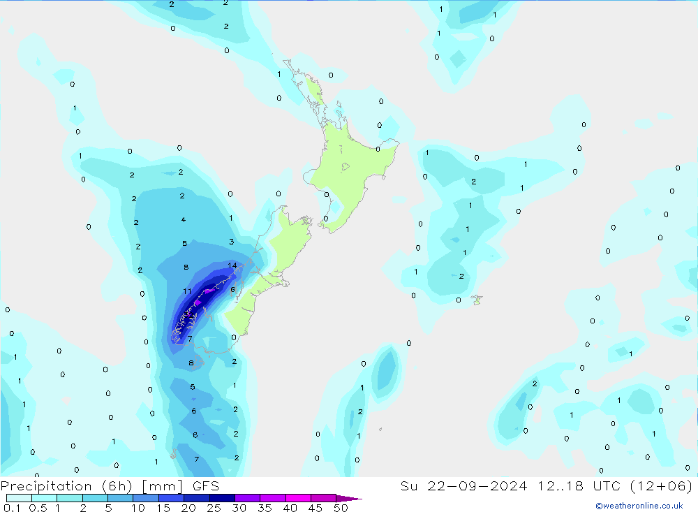 Totale neerslag (6h) GFS zo 22.09.2024 18 UTC