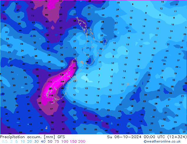 Totale neerslag GFS zo 06.10.2024 00 UTC