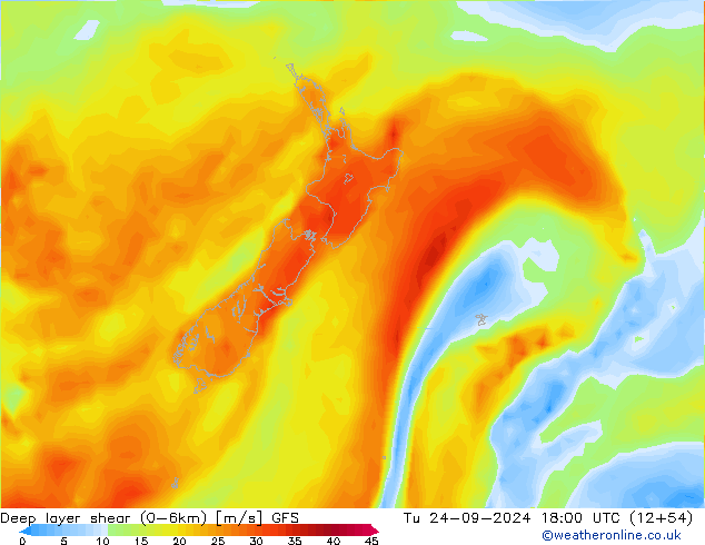 Deep layer shear (0-6km) GFS di 24.09.2024 18 UTC