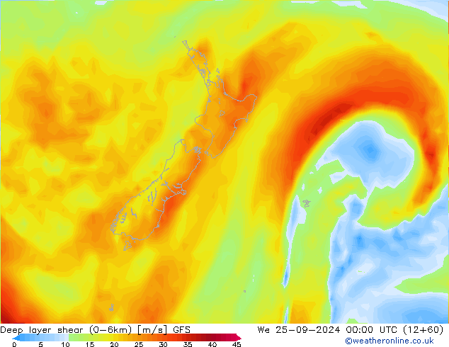 Deep layer shear (0-6km) GFS Qua 25.09.2024 00 UTC