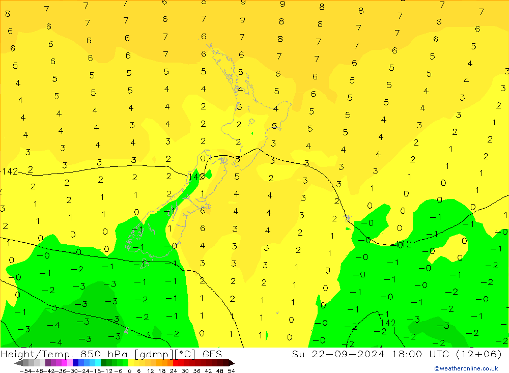 Hoogte/Temp. 850 hPa GFS zo 22.09.2024 18 UTC