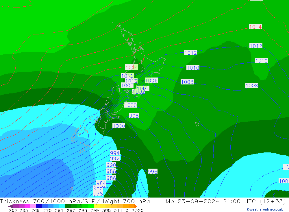 Espesor 700-1000 hPa GFS lun 23.09.2024 21 UTC