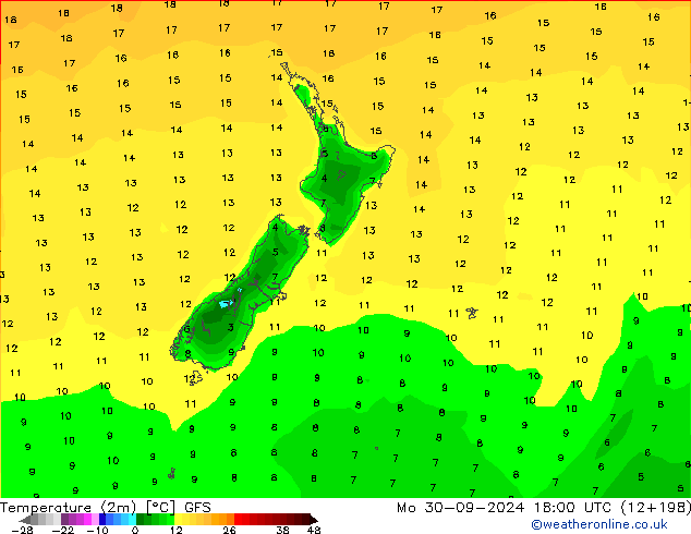 Temperature (2m) GFS Mo 30.09.2024 18 UTC