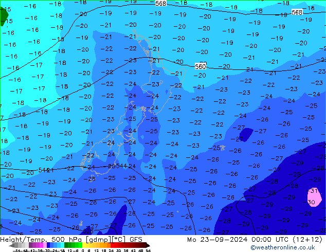 Z500/Rain (+SLP)/Z850 GFS Mo 23.09.2024 00 UTC