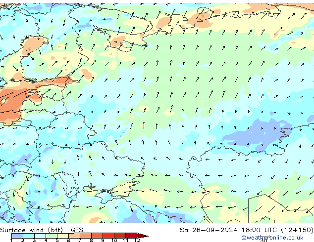 Vent 10 m (bft) GFS sam 28.09.2024 18 UTC